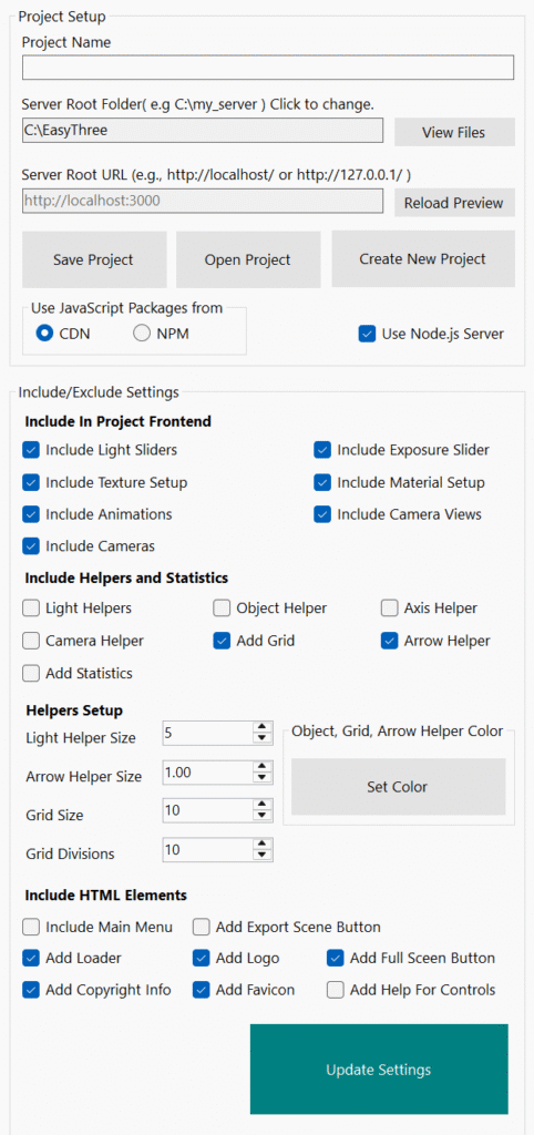 Project setup tab page in EasyThree